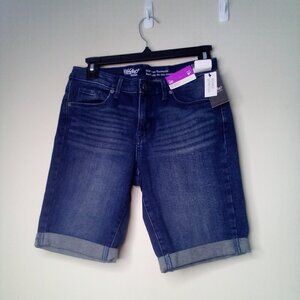 Mossimo Bermuda Shorts Women 00 Mid-Rise Power Stretch Roll Hem Denim Blue